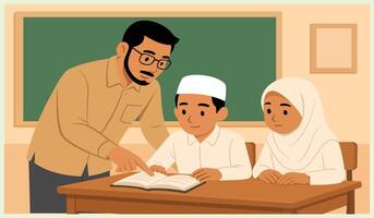 Illustration of a teacher teaching two students in class, a boy and a girl wearing Muslim clothes sitting on a bench, learning atmosphere, blackboard in the background, nuance of Islamic education. vector