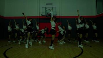 A group of dancers performing a choreographed routine in a gymnasium. They wear matching outfits with skirts and sneakers, showcasing energetic movements video