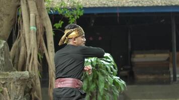 A person practicing martial arts in a natural setting, wearing traditional attire with a headband and a sash. The background features lush greenery and a rustic building. video