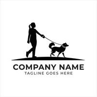 Elegant Silhouette Logo Design of Woman Walking a Dog with Company Name and Tagline vector