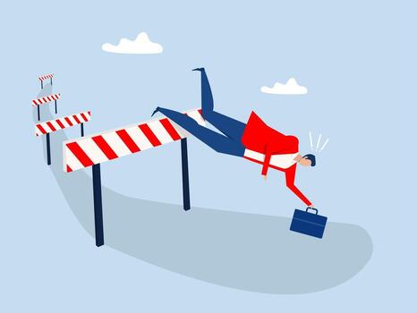 empresario defecto a saltar obstáculo y que cae a el tierra, fallo, Error o no puedo superar dificultad o obstáculo, problema o bajo rendimiento empleado concepto. vector