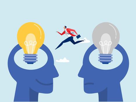 businessman jump from old to new shiny lightbulb idea.improvement and adaptation to new normal concept,transformation, change management vector