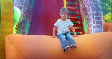 Child Enjoying a Fun Slide on Inflatable Playground video