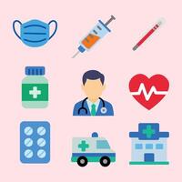 Health icon illustration contains doctor, mask, medicine, injection, hospital, ambulance, and heart symbol, suitable for medical and pharmaceutical design. vector