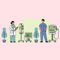 Illustration of doctors and nurses with modern medical equipment such as IV drips, monitors, and medical computers in an open space with a tree background, suitable for health and hospital themes. vector