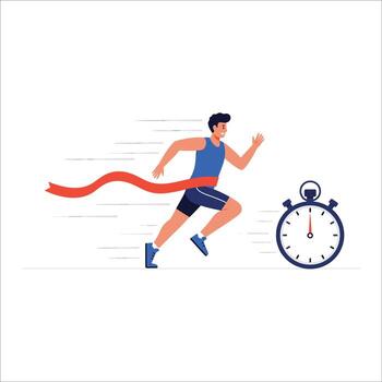 atleta triunfando a el terminar línea con un cronógrafo en el fondo, ilustración de un corredor cruce el terminar línea con cronógrafo vector