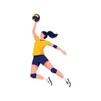 Volleyball Player Spiking Near Net in Illustration, Athlete Leaping Mid-Air Ready to Hit Ball Over Volleyball Net vector