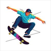 Skateboarder Mid-Air Illustration with Vivid Colors and Dynamic Style, Street Art Inspired Skateboarder Stunt Illustration with Eye-Catching Pop Art Aesthetics vector