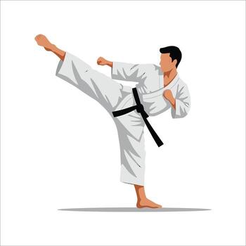 A Martial Artist Demonstrates Precision and Power with a Dynamic High Kick, Karate Master in Action Practicing Self-Defense Techniques vector