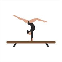 Gymnast Doing One-Handed Handstand Split on Balance Beam, Focused Gymnastics Pose on Beam with Split Legs vector