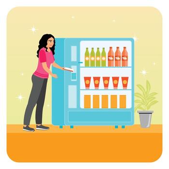woman using blue vending machine vector