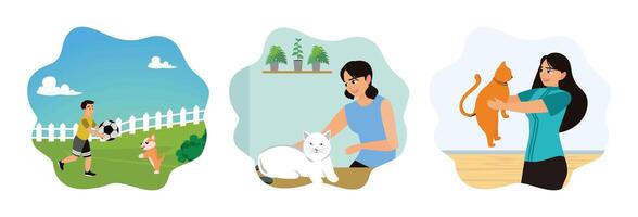 Friendship of pets and their owners, people playing with pet dogs and cats at home. vector