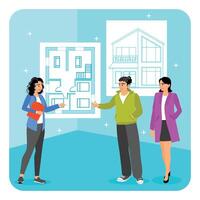 Architectural Education. An Architectural Engineer Explains the Layout of a House to Students. vector