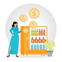 Vending Machine. Woman Using a Vending Machine with Floating Money Symbols. vector