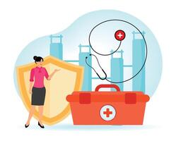 Occupational Health and Safety Concept with Medical Equipment and Shields. vector