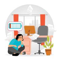 Emotional Burnout. Stressed Woman Depicts Low Energy in Workplace Setting with Battery Icon. vector