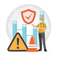 Workplace Safety. Construction Worker Highlighting Safety Measures with Warning Signs and Shield. vector