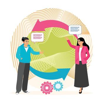 Social interaction skills. Two people talking with each other, with arrows and speech bubbles. vector