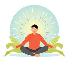 Mindfulness. Meditative Person in a Relaxing Nature Setting with Bright Radiant Light. vector