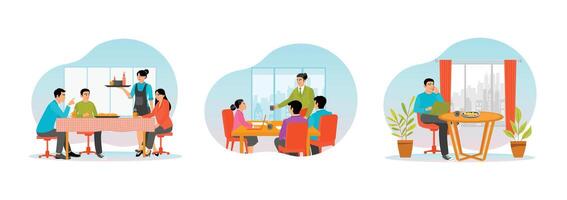 Lunch with Colleagues. Employees Meeting and Drinking Coffee. Busy Lunch Time. vector