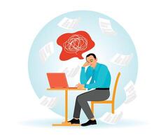 Emotional Burnout. Stressed Professional at Desk Surrounded by Papers and Overwhelming Thoughts. vector