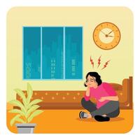 Sleep Behavior Disorder. Woman Experiencing Insomnia, Sitting in Living Room. vector