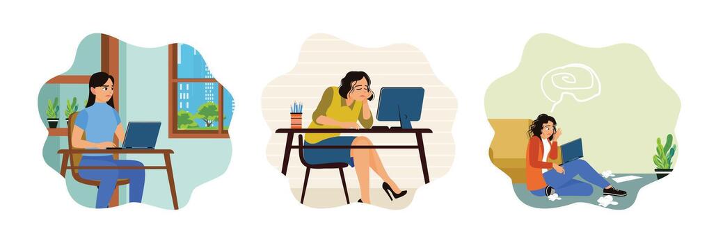 Office workers sit in front of computers and feel bored, tired and stressed at work. vector