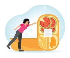 Assorted Snack Pack. Woman Accept Pack of Food in a Lunch Box with Fruit and Snacks. vector