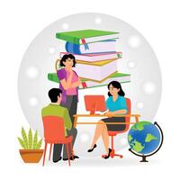 Student Teamwork. Student Collaboration in Educational Discussion with Books and a Globe Icon. vector
