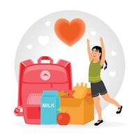 Kids Lunch Box. Happy Girl with Food Supplies in Lunch Box and Backpack. vector