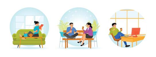 Woman Relaxing with Morning Beverage. Young Couple Sharing Drinks. Man Working and Drinking Coffee. vector