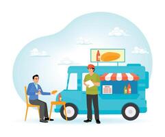 Street Food. Mobile Food Vendors with Trucks Serving Customers With Menu Display and Dining Area. vector
