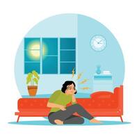 Sleep behavior disorders. Woman Sitting Up at Night Expresses Insomnia. vector