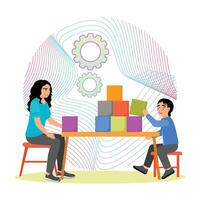 Social-emotional development, Mother and Child Engaged in Playful Learning With Colorful Blocks. vector