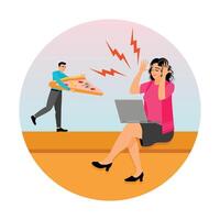 Stressed Businesswoman Working on Laptop While Being Distracted by Colleague. vector