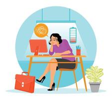 Emotional Burnout. Tired Businesswoman Working at Desk in Office with Stress Symbol. vector