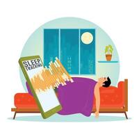 Sleeping man with sleep tracking app vector
