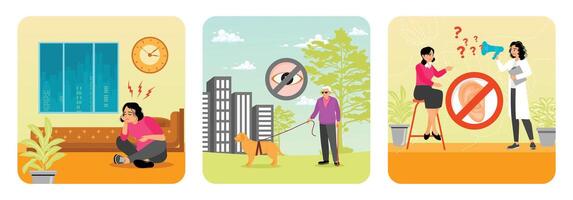 Sleep Behavior Disorder, Blindness and Vision Loss, Deafness and Hearing Problem. vector