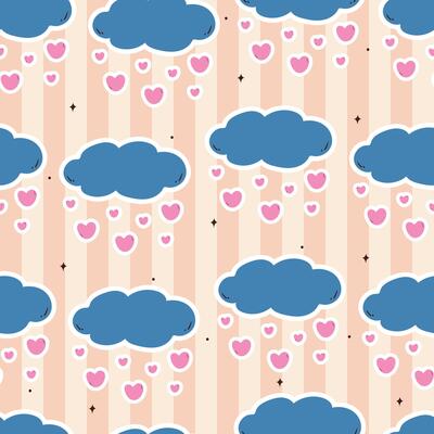 cute seamless pattern cartoon blue clouds with heart shower. cute sky element pattern in pink stripe background for gift wrap paper
