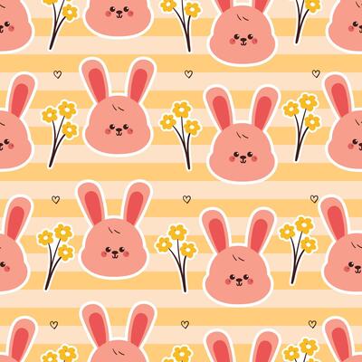 cute seamless pattern cartoon bunny and flowers. cute animal pattern with yellow stripe background