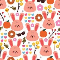 seamless pattern cute cartoon bunny with dessert, plant and hearts. cute animal pattern for fabric print vector