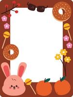 cute chocolate frame with cartoon bunny, dessert and flower. cute frame for photo, card holder vector