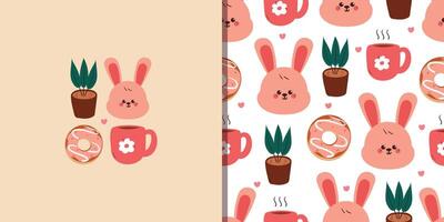 Cute bunnies with snacks and plants vector