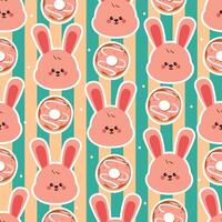 cute seamless pattern cartoon bunny with doughnut. cute animal and dessert pattern with yellow and blue stripe background vector
