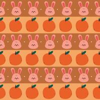 seamless pattern cute cartoon bunny with orange fruit. cute animal pattern with stripe background and wallpaper vector