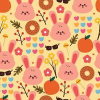 seamless pattern cute cartoon bunny with dessert, plant and hearts. cute animal pattern for fabric print and gift wrap paper vector