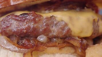 Juicy burger melting cheese with crispy bacon in close view video