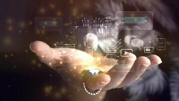AI chatbot technology concept. A hand with a smart ring presents a glowing holographic interface featuring an AI robot head, chat bubbles, and various function icons. video