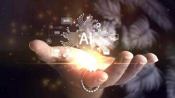vestível ai tecnologia conceito. uma mão com uma inteligente anel apresenta uma brilhando holográfico interface do a ai lasca e Está vários funções. video