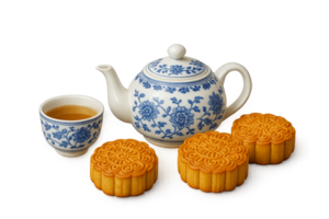 Mid autumn festival tea set with mooncakes, isolated on transparent background png